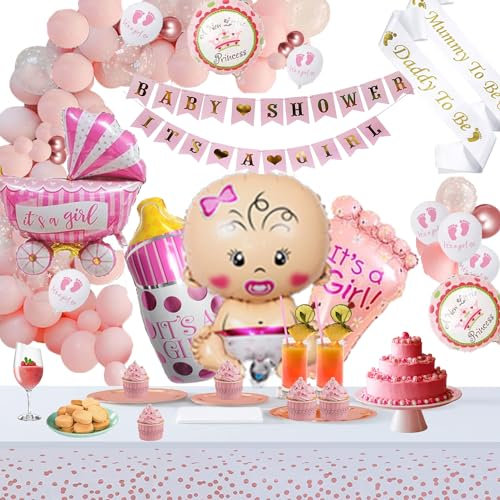 Baby Shower Dekorationen Mädchen mit Tischdecke, Babyparty Deko Mädchen Its a Girl Deko Banner
