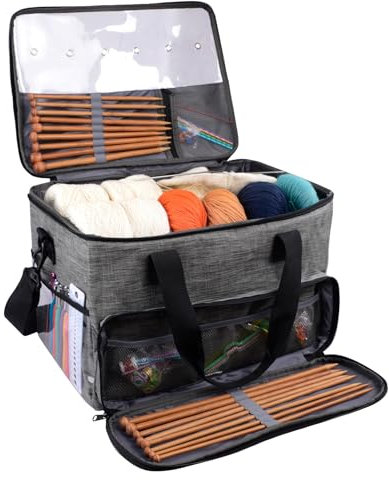 igadgitz home U7254 Knitting Bag, Yarn Storage Bag, Crochet Bag, Wool Storage Bag, Knitting Storage Organiser with Shoulder Strap 124cm (48.8) - Grey