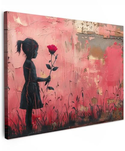 MuchoWow© Wandbilder 70x50 cm Wohnzimmer Wanddeko Schlafzimmer Zimmerdeko Wandgemälde Zimmer Deko auf Wand Dekoration Wall Art Graffiti - Mädchen - Rosa - Street art - Rose - Banksy Girl