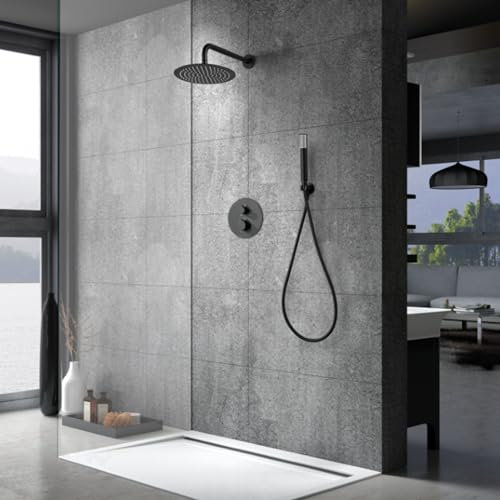 IMEX - Ducha Empotrada Negra Termostática | Kit de Grifería Empotrado con Alcachofa y Rociador Antical Efecto Lluvia | Columna Ducha Empotrada con Grifo en Latón y Acero Inox S.304 | Serie Génova