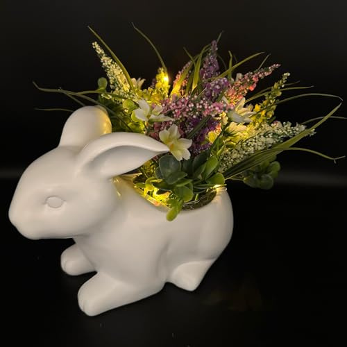 Online Fuchs Dekofiguren süßer Hase mit künstlichen Blumen, Pflanzen inkl. LED-Beleuchtung und Timer - ca. 30 x 26 cm groß