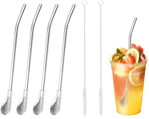 4 Pièces Cuillère à Paille Filtrante en Acier Inoxydable,Pailles de Cuillère Réutilisables,Paille à Boire Cuillère en Métal avec 2 Brosses de Nettoyage,Yerba Mate Bombilla Pailles pour Jus,Smoothie