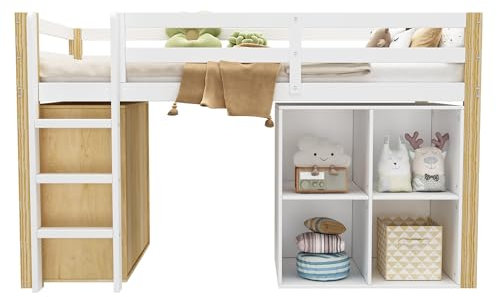 YESGIGA Kinderhochbett, multifunktionales Kinderbett, einzelnes Kinderbett, mit 2 Aufbewahrungsschrank und Leiter, ohne Matratze, 90 x 200 cm