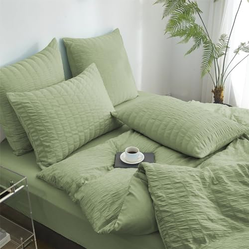 YASMENG Seersucker Bettwäsche 135x200 Grün Gestreift Bettwäsche Seersucker Modern Bettwäsche Mikrofaser Weich Atmungsaktiv Bettbezug Set 2teilig mit Reißverschluss und 80x80 cm Kissenbezug