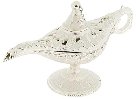 Vintage Aladdin Genie Lampe Tischakzent – Silber-Weiß, klassisches Metalldekor zum Sammeln – Lassen Sie Ihre Wünsche wahr werden – Silber-Weiß