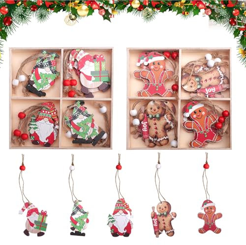 Zfseyuh 24 Stück Christbaumschmuck Holzanhänger Baumschmuck Lebkuchenmann Weihnachtsbaumschmuck Wichtel Weihnachtsanhänger für Weihnachtsbäume Fenster