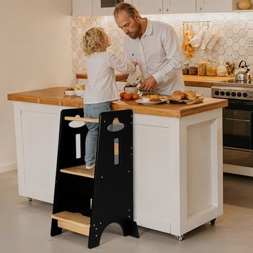 COSYLAND Lernturm ab 1 Jahr - Höhenverstellbarer Learning Tower für Kinder (3-stufig) - Montessori Lernturm mit Kippschutz & Massivholz (Holzfarbe und Schwarz)