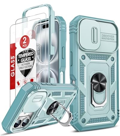 LeYi for iPhone 16 Case with Camera Cover Slider, Full Body Armour Shockproof Phone Cover | 2 Pack Tempered Glass Screen Protector | Ring Stand Holder for i Phone 16 Green