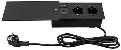 Enchufe de mesa de aluminio con USB, enchufe empotrable de 2 enchufes con cable de 1,8 m, regleta con tapa deslizante, color negro, para escritorio, cocina, oficina, 2200 W/10 A