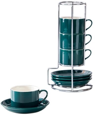 Peowuieu Porcelain Stackable Cappuccino Cups with Saucers and Metal Stand, Espresso Cups for Latte Coffee Cafe,Specialty Coffee E