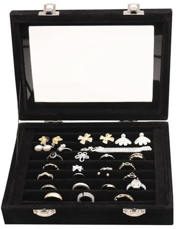 Joyero de terciopelo organizador, caja de almacenamiento para joyas, organizador de joyas con 7 compartimentos y tapa para anillos, pendientes, collar y gemelos, color negro