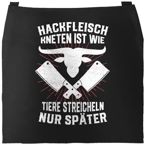 MoonWorks® Herren-Grillschürze mit Spruch Lustig Hackfleich kneten ist wie Tiere streicheln Baumwolle Küchenschürze Männer Schwarz Herren