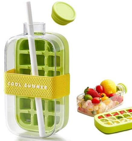 KBIBCK Ice Cube Bottle with Straw, 2 in 1 Water Bottle Ice Cube Tray with Lid and Bin, 800 ml Ice Cube Making Bottle, 2 in 1 Touch-Free Ice Cube Tray Water Bottle for Coffee, Juice, Beverage (Green)