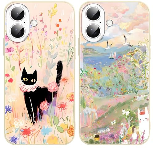 Krdvekm 2 Stück Handyhülle für iPhone 16 Hülle 6,1'', Aesthetic Motiv Katze Blumen Muster Design, Weiche Bunt Silikon TPU Bumper Ultra Dünn Stoßfest Schutzhülle Case für Mädchen