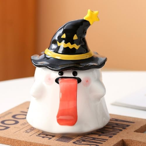 MAGICVOGEL Taza con diseño de fantasma de Halloween con tapa de sombrero de bruja, 450 ml, taza de cacao, taza de café de porcelana, taza de café dulce, taza de espíritu creativo, con asa, regalo para