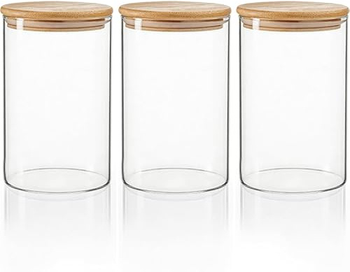 3Pcs 950ml Glass Storage Containers with Lids, Glass Storage Jars, Clear Kitchen Storages Canisters with Bamboo, for Canister Set for Pasta Flour Cereal Rice Sugar Tea Coffee Beans Lid Spice Jars