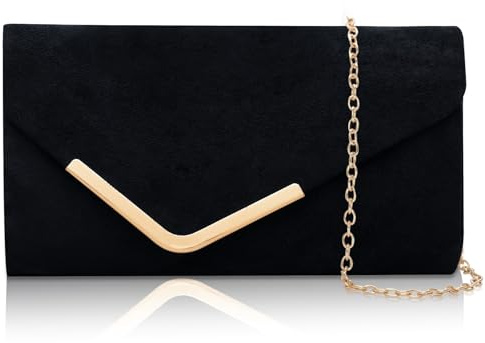 Larcenciel Clutch Schwarz, Elegant Wildleder Handtasche mit Abnehmbarer Kette, Klassisch Samt Envelope Abendtasche, Mode Suede Velvet Umschlag Crossbody Umhängetasche für Hochzeit, Party, 22x11x5CM