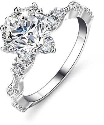 Mesnt Hochzeit Ringe, Frauen Platin 6 Zinken, rund, mit 3 Karat Moissanit-Ring, Größe 62 (19.7)