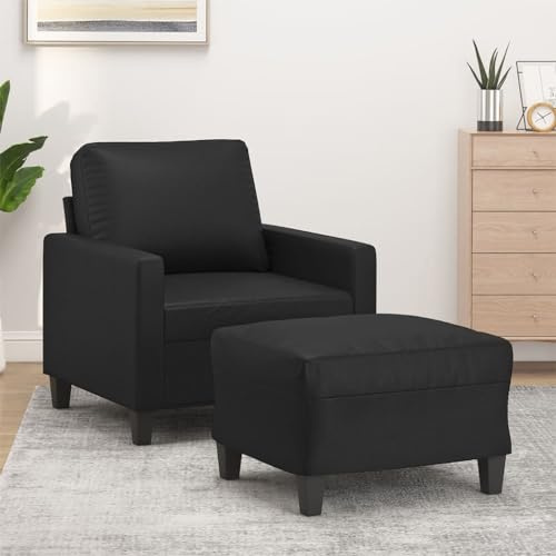 RMIHSJG Sessel mit Hocker Schwarz 60 cm Kunstleder, moderner Relaxsessel mit dick gepolstertem Sitz und Rückenkissen, robuster Metall- und Sperrholzrahmen, langlebiges