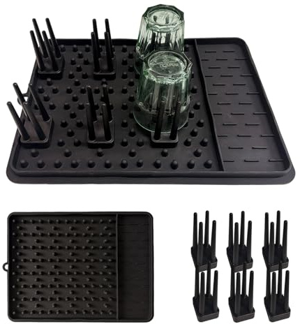 KATLKIU Große 41×30 cm Silikon‑Abtropfmatte mit abnehmbaren Stiften, rutschfeste Trockenmatte für Gläser, Tassen & kleine Küchenutensilien, hitzebeständige platzsparende Arbeitsflächenmatte – Schwarz