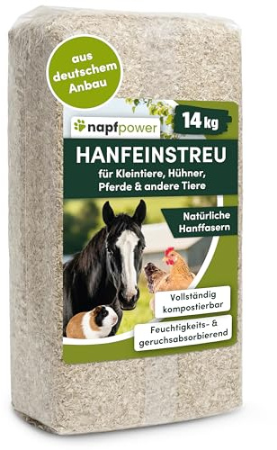 napfpower Hanfeinstreu (14 kg) – für Hühner, Kleintiere & Pferde | Staubarmes, extrem saugfähiges & kompostierbares Hanf-Einstreu für Tierställe. Aus natürlichen Hanffasern.