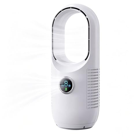 OEHUG Portable Bladeless Desk Fan, 9-Speed Quiet Cooling Fan with LED Display, USB Rechargeable Leafless Table Fan, Small Personal Air Cooler for Bedroom, Office, Home, Travel (White)