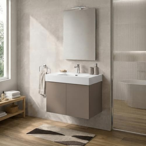 Inbagno Mobile Bagno Sospeso 70 cm Tortora – Mobiletto Lavabo Moderno a Due Ante Push and Pull – Mobile Già Montato con Lavandino in Resina Linea Tierra