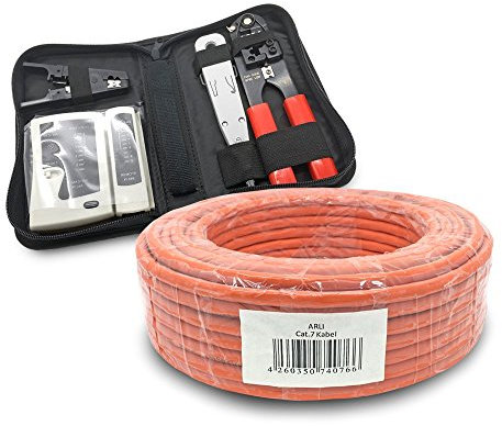 ARLI CAT 7 Verlegekabel 25m Netzwerkkabel + Werkzeug Set Crimpzange + LSA Anlegewerkzeug + Tester + Messer Halogenfrei Installationskabel Kabel Netzwerk Verkabelung Datenkabel CAT7 AWG23/1 Werkzeug