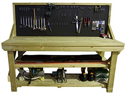 Workbench With Pegboard and Double Shelf - 46 Piece Peg Kit INCLUDED - Heavy Duty - Pressure Treated - Handmade Garage Workshop Work Table (4ft)