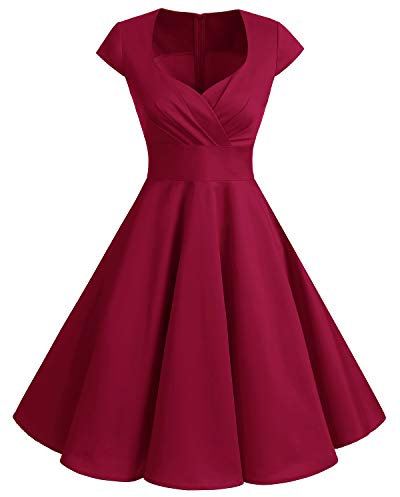 Bbonlinedress Robe de Fete Femme de Cocktail Vintage Rockabilly Robe plissée au Genou sans Manches col carré Rétro Dark Red 2XL