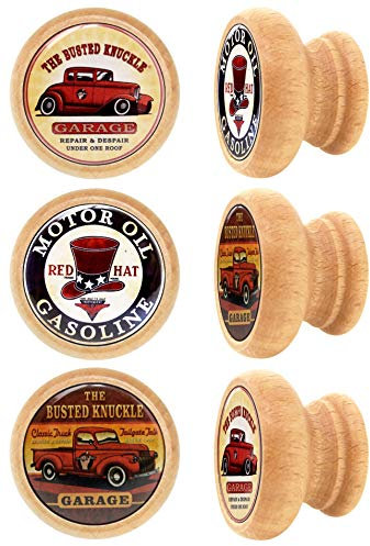 Lashuma 6 teiliges Möbelgriffe Set, Holz Kommodenknaufe Ø 4 cm, Runde Schrankgriffe Motive: Auto, Vintage Knopfgriffe