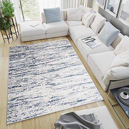 TAPISO Sky Teppich Kurzflor Modern Creme Blau Streifen Meliert Design Vintage Wohnzimmer Schlafzimmer 3D Optik ÖKOTEX 250 x 350 cm