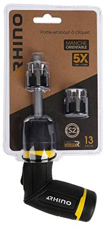 RHINO - Tournevis à poignée revolver, tournevis porte-embouts à cliquet orientable, tournevis revolver à cliquet + 12 embouts de vissage Acier S2 - Garantie 5 ans - Embouts dans le manche du tournevis