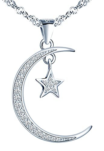 MicVivien Collana con Ciondolo Luna e Stella in Argento 925, Pendente Mezzaluna Argento con Zirconia Collana Donna Gioielli per Mamma Fidanzata Moglie