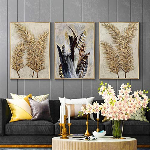EXQULEG 3er-Set Premium Poster Set,Goldene Blätter Feder Wandbilder,Wandkunst Deko Leinwand Bild Wohnzimmer Schlafzimmer Dekoration ohne Rahmen (50x70cm)