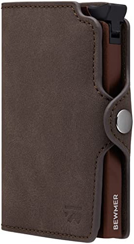 BEWMER Porta Carte di Credito 1 Schermato | Portafoglio Slim da Uomo e Donna | Porta Tessere e Documenti con Rfid Protection e Fermasoldi in Carbon Fiber (Marrone Testa di moro Senza ZIP)