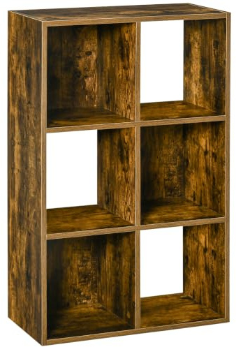 HOMCOM Industrial Style Storage Shelf with 6 Compartments Rustic Brown | Bookcase, Bookshelf, Freestanding Shelving Unit, Living Room, Home Study