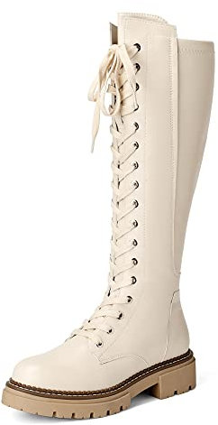 DREAM PAIRS Donna Stivali Alti al Ginocchio Stringate Scarpe Corte Caviglia Casual Boots Beige SDKB2203W-E Taglia 37 (EUR)
