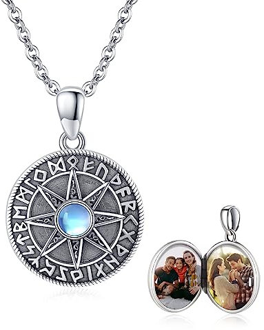 Kompass Medaillon Halskette 925 Sterling Silber Mondstein Kette Foto Medaillon Anhänger Foto Medaillon zum öffnen für Bilder Mondstein Schmuck für Herren Sohn Jungen Damen Geschenke 18+2'' Kette