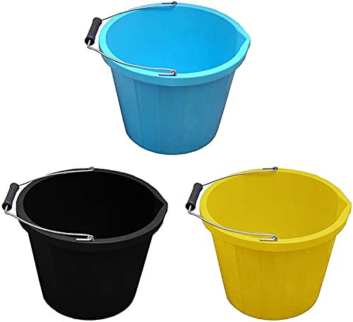 JMS we create smile 3 X 3 Gallon Bucket/Builders Bucket 14 Litre Water Mixing Storage Plastic Measuring Guide Bucket With Handle- Made in UK (Black + Blue + Yellow)