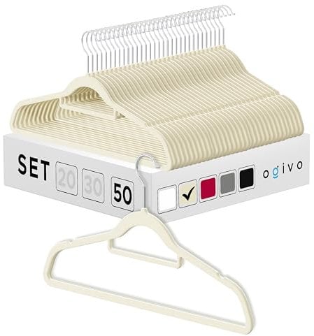 OGIVO Samt Kleiderbügel - 50er Set - rutschfest Bügel für Ihren Garderobe - kleine Stange für Krawatten - Haken um 360° drehbar - Einkerbungen im Schulterbereich - Hangers Clothes (Beige)