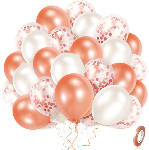 HOPDAY 60 Pièces Ballons Anniversaire Rose, Ballons de Mariage, 12 Pouces (30 cm) Ballon Blanc Ballon de Confettis en or Rose