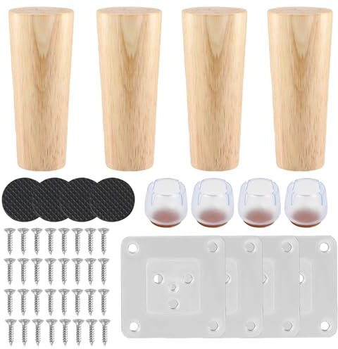 4 Pcs Pieds de Meuble Bois, Pied de Lit Bois Rond 8 cm 12 cm 15 cm, Pied Canapé a Visser avec Chaise Casquettes Plaque de Montage Vis Tapis, Rechange Pieds de Table Bois Massif, Antidérapant (12 cm)