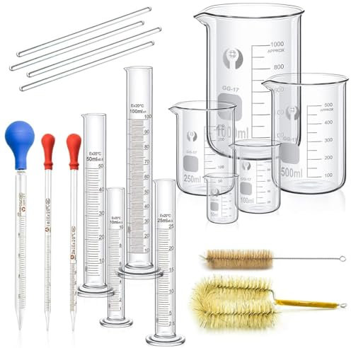 ZEEROQOLAB Lab Glassware Set, Beaker Glass Cylinder Pipettes Set, 5pcs Thick Glass Graduated Beaker, 4pcs Glass Measuring Cylinder with 4pcs Glass Stirring Rod and 2pcs Cleaning Brush