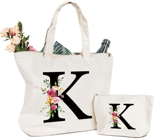 Tragetasche und Kosmetiktasche mit Initial, Canvas Einkaufstasche mit Reißverschluss, Personalisiert Initialen Baumwolltasche Geschenk für Freundin Frau Mama Schwester Geburtstag Hochzeit Muttertag K