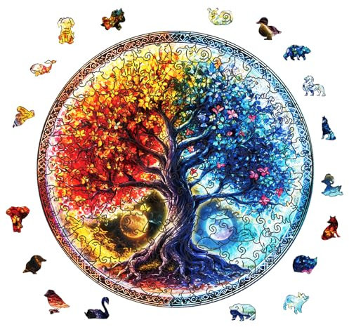 GLOBLELAND 200 Stück Yin Yang Baum des Lebens Holzpuzzles Für Erwachsene 22.7x22.7 cm Holzpuzzles Für Erwachsene Einzigartige Geformte Holzpuzzles Bunte Puzzles Für Weihnachten