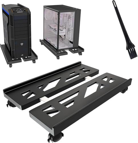 Hmseng Adjustable Pc Stand for Floor, Computer Tower Stand with 4 Rolling Caster Wheels for Floor Carpet Gaming PC Case-Dark Black