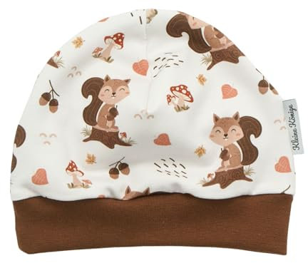 Kleine Könige Mütze Baby Jungen Beanie · Modell Pilze Eichhörnchen, Hellbraun · Ökotex 100 Zertifiziert · Größe 122/128