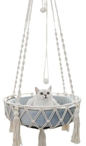 Yuehuamech Macrame Cat Hammock - Handwoven Tassel Hanging Swing Bed, Hand Knitting Nests Basket for Pet Kitten Puppy Sleeping, Playing, Climbing, Lounging - 40cm Width