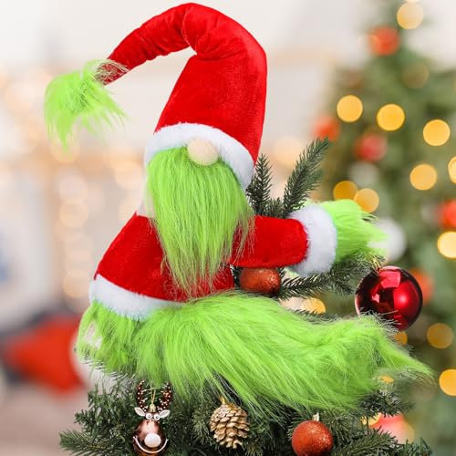 Gejoy Weihnachtsbaumspitze, Zwerg, 60 cm, Grün, lustiger Zwerg, Baumschmuck, pelziger Plüsch, Weihnachtsbaumschmuck für Weihnachten, Urlaub, Garten, Hof, Weihnachtsbaumspitze